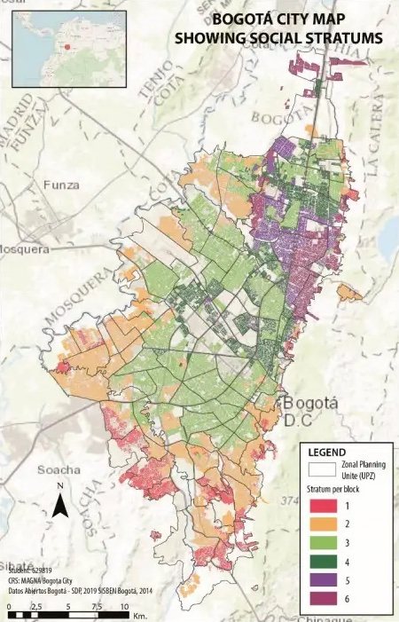 A map of the social strata locations in Bogotá.