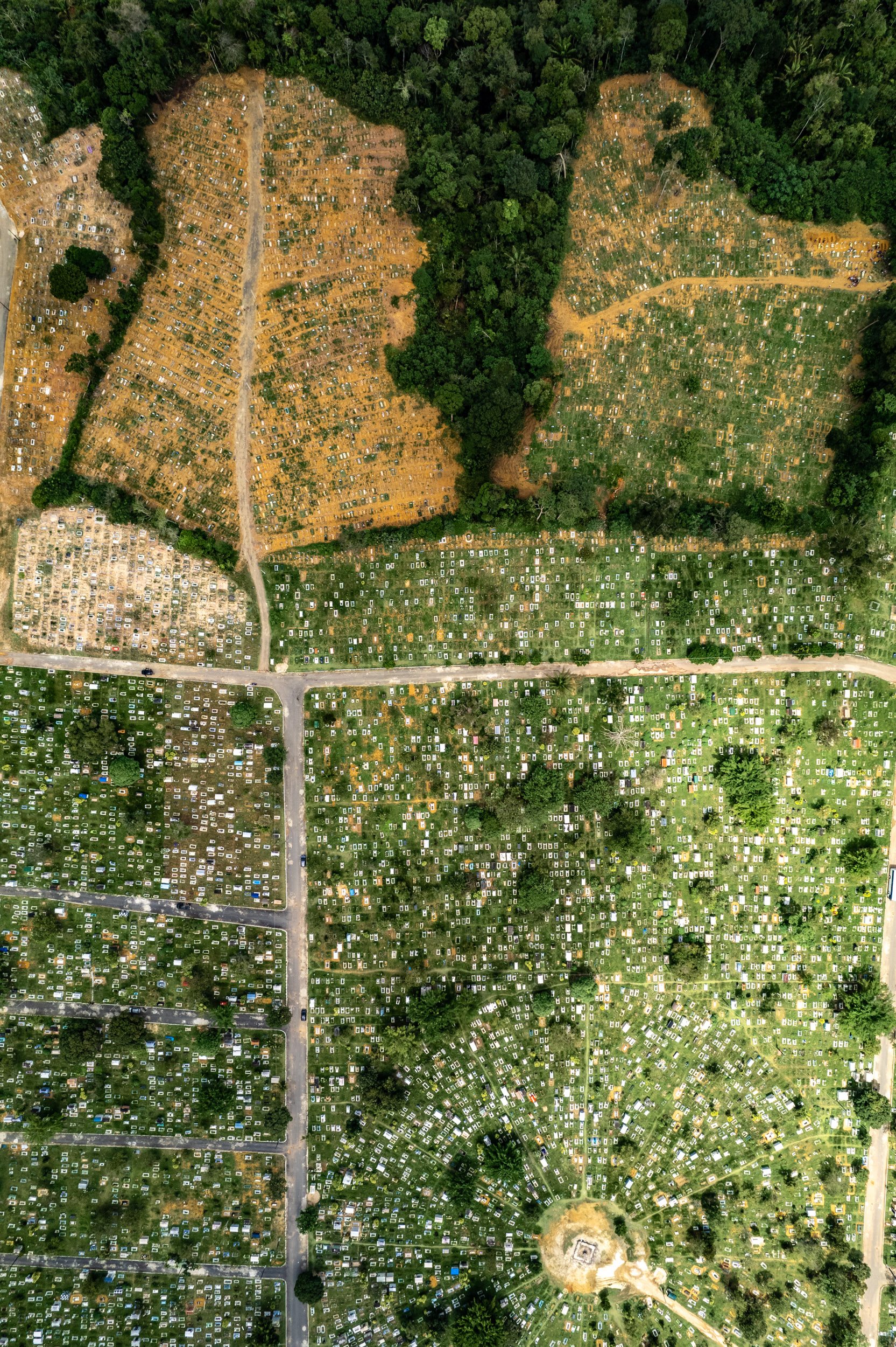 a cemetery in Manaus with dense burial plots surrounded by forest .