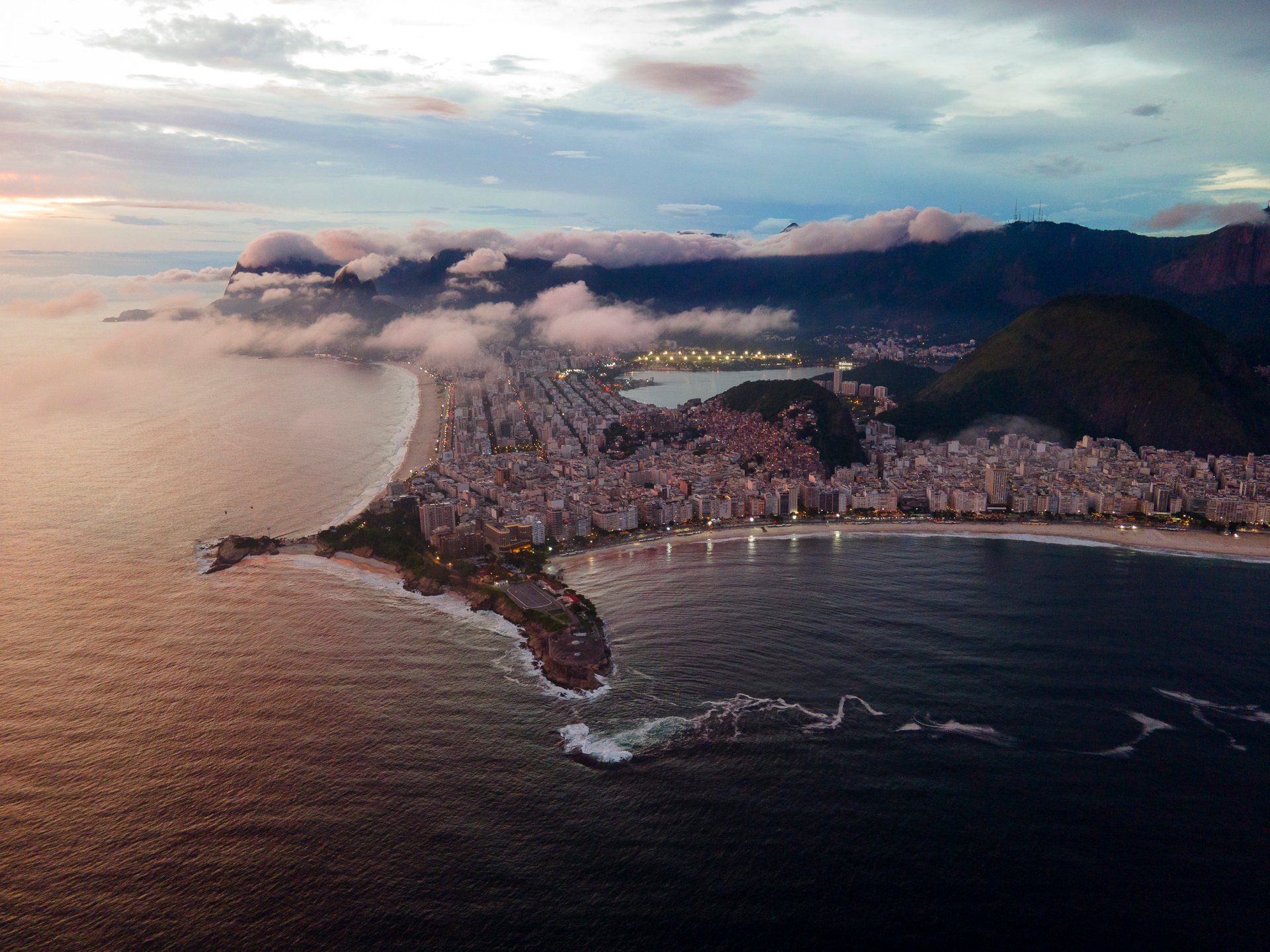 Arpoador and Copacabana beach at sunset