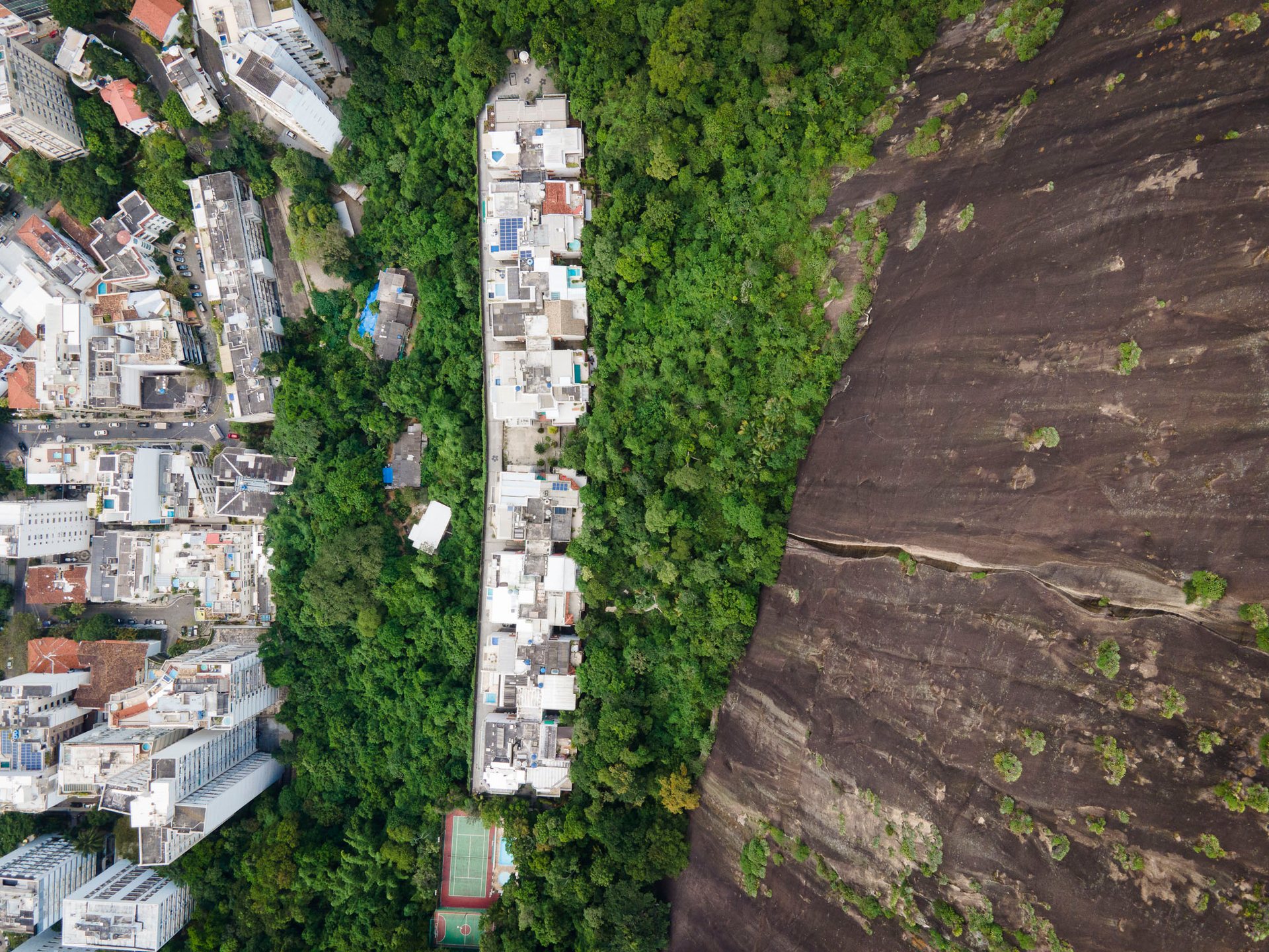 Aerial view of a quilombo community nestled in dense forest between luxury apartments and a rocky cliff face in Rio's Lagoa neighborhood, symbolizing survival and resistance.