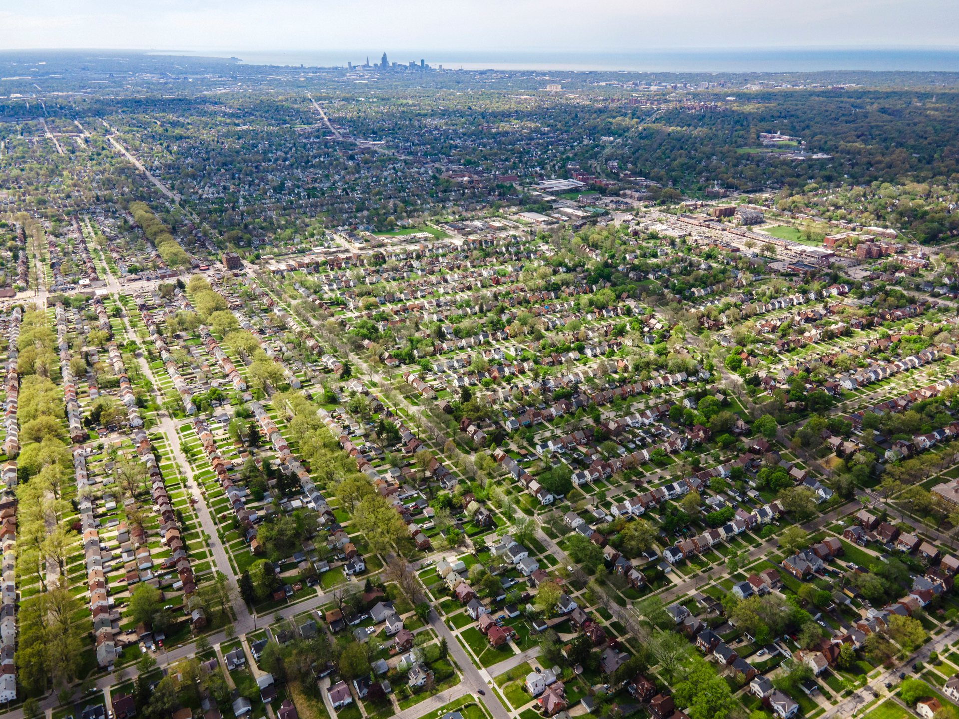Shaker Heights, with the skyscrapers of the city of Cleveland in the background.