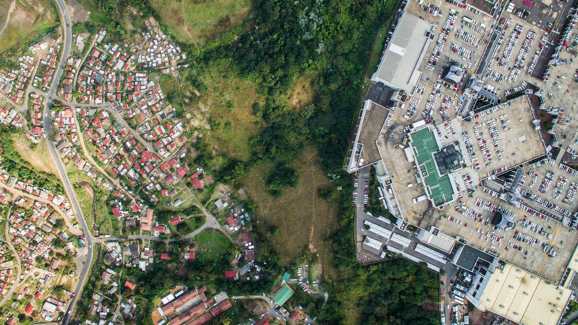 The Pavilion shopping center and shacks.