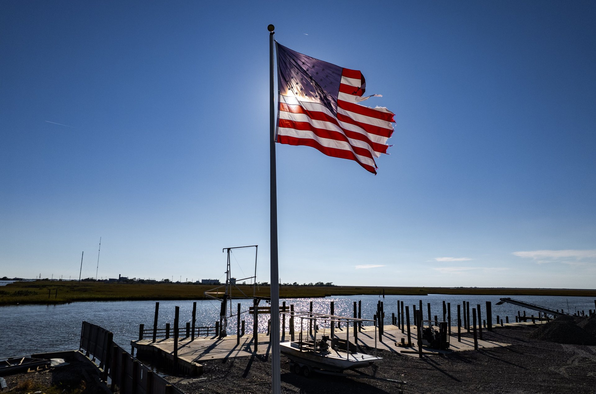 A tattered US flag in Cocodrie, LA just after Hurricane Ida barrelled through in 2021.