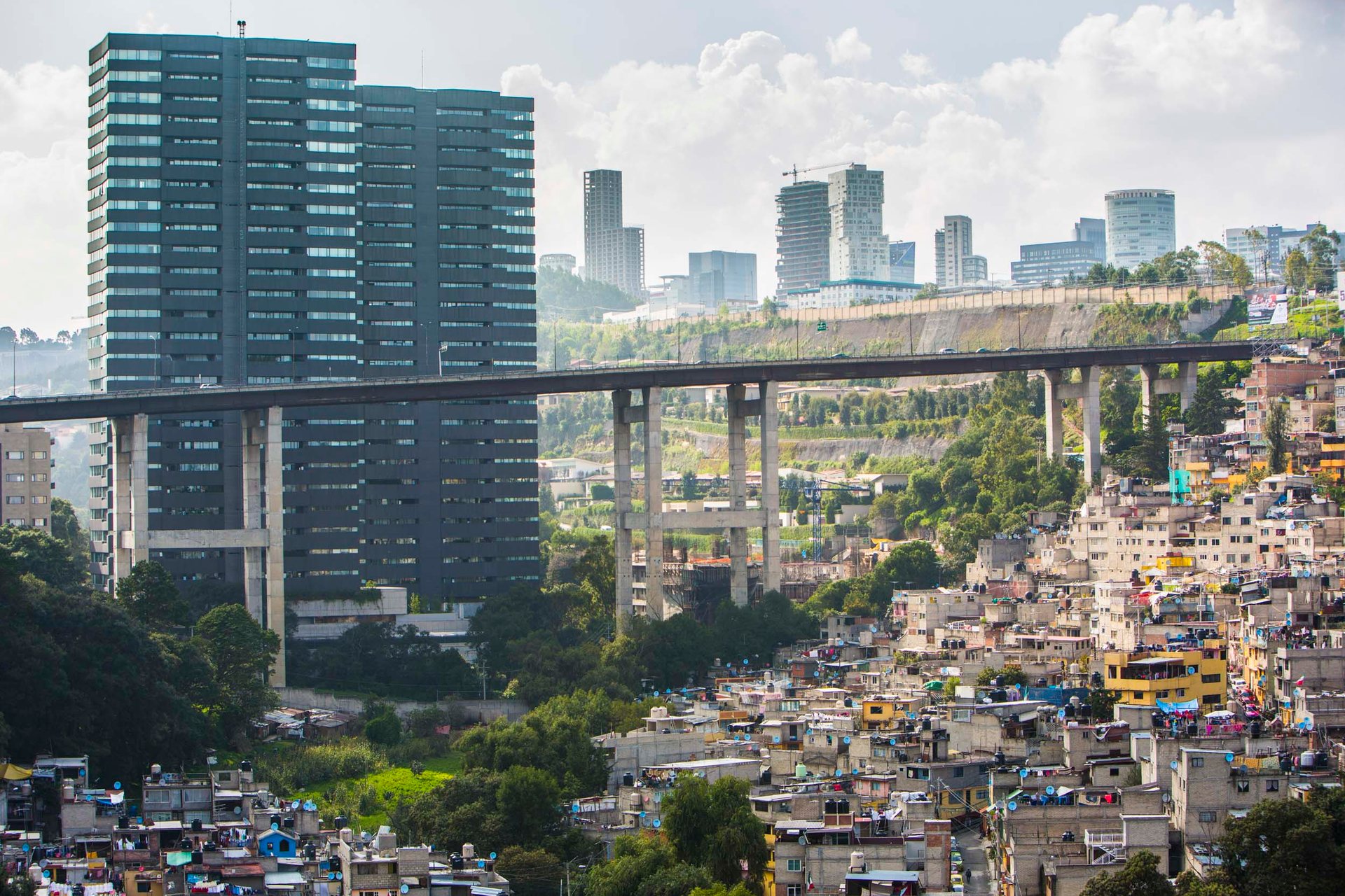 Santa Fe, an upscale "new downtown" in the foothills of the mountains above the smog-choked center of Mexico City.
