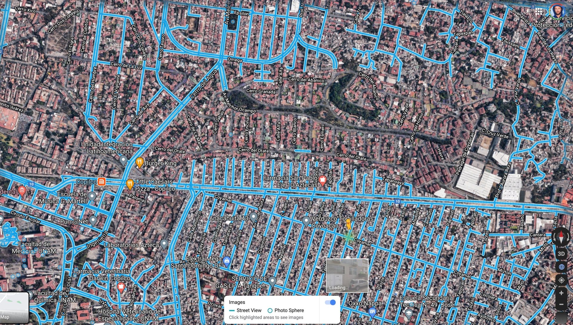 Google street view maybe the clearest way to see the disconnection between Pedregal de Santo Domingo (bottom) and the wealthy enclave of Romero de Terreros (above).