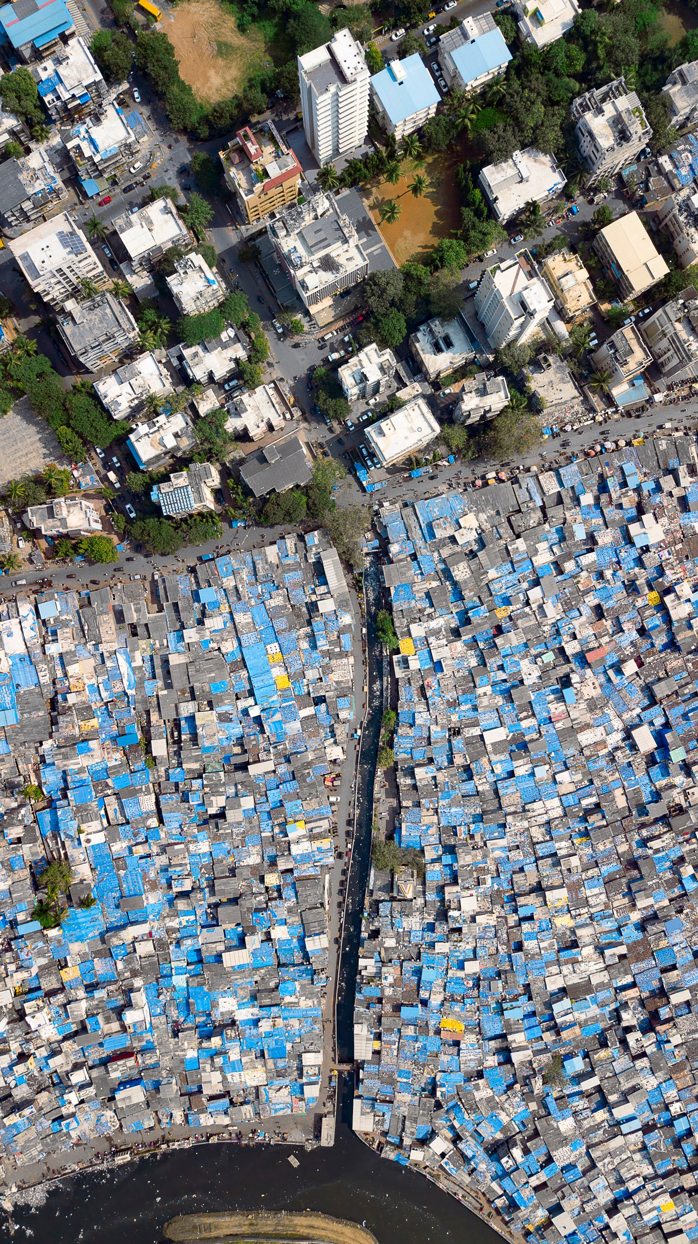 Aerial view of blue-roofed informal housing bordering lush mangroves and vertical apartment blocks.