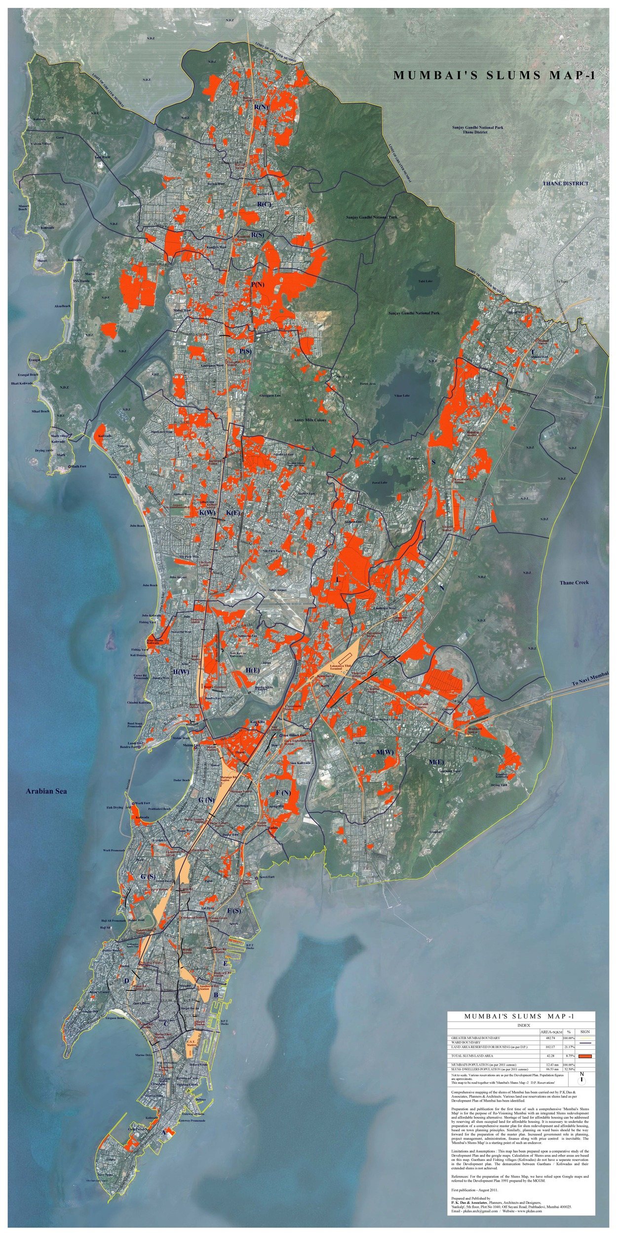 GIS visualization showing locations of slum clusters across the Mumbai peninsula.