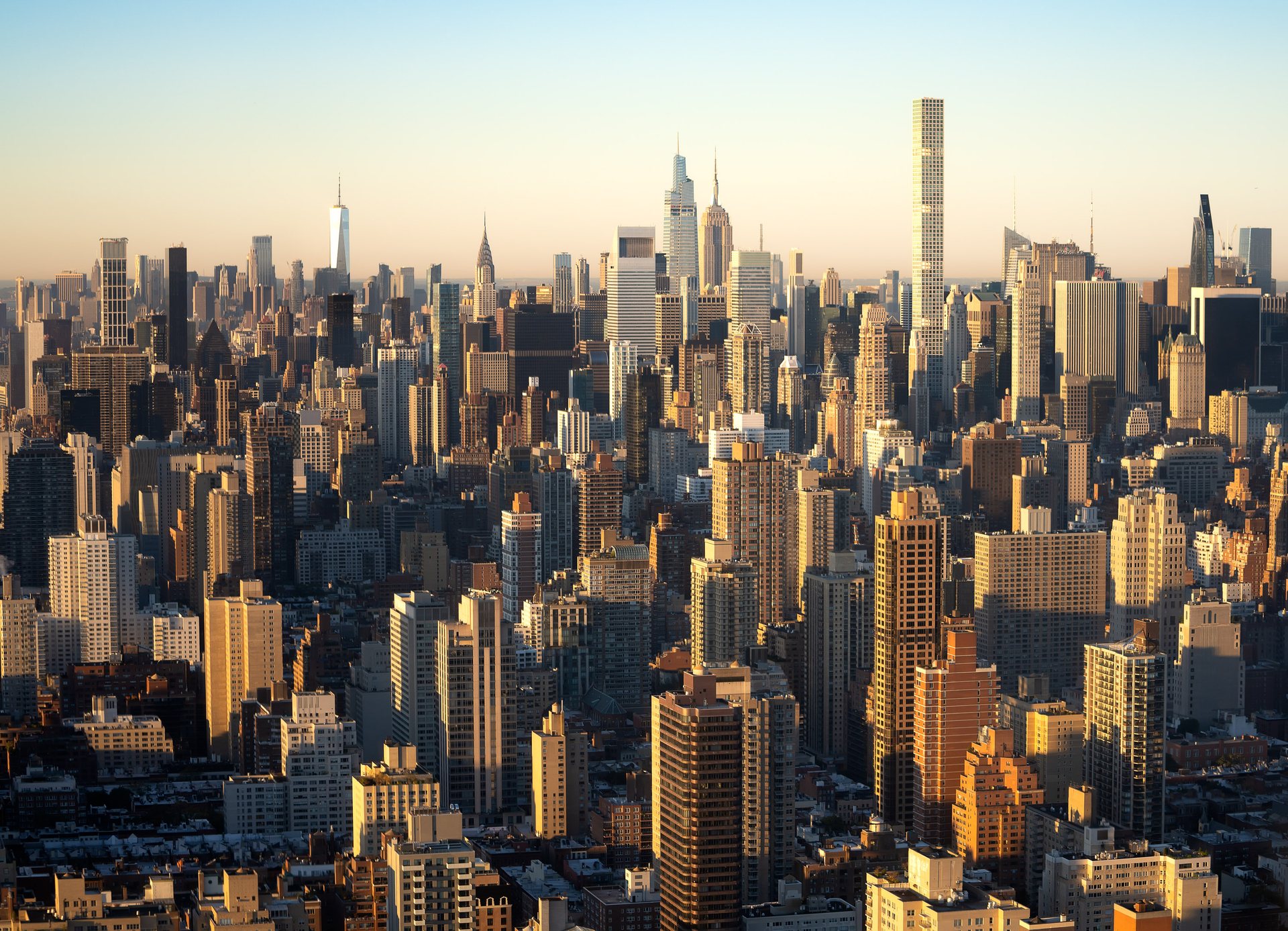 Skyscrapers in Manhattan catching the morning glow.