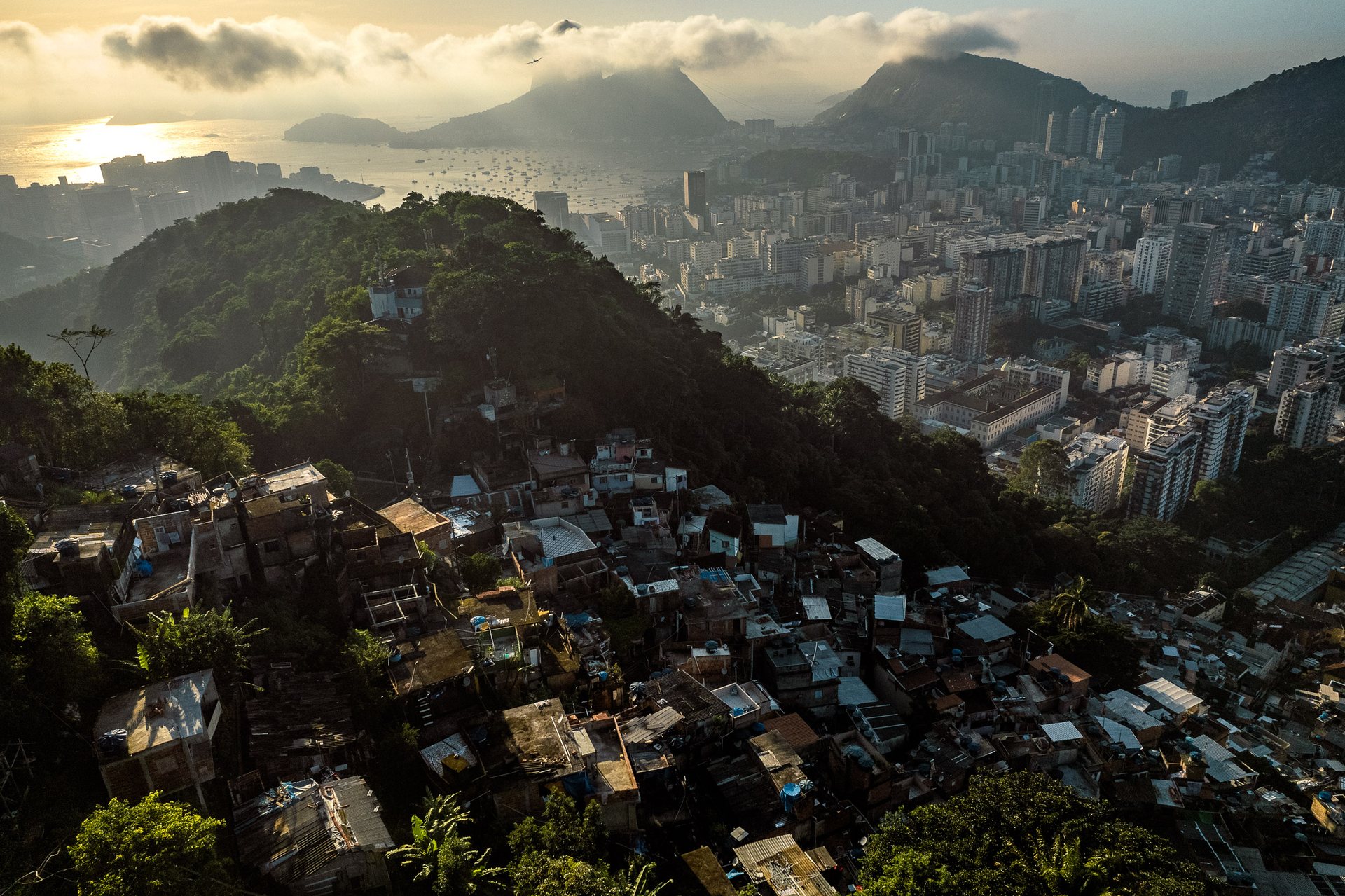 Top-down view showing Santa Marta favela stacked tightly into a hillside, contrasting with surrounding greenery, with Sugarloaf visible in the background.