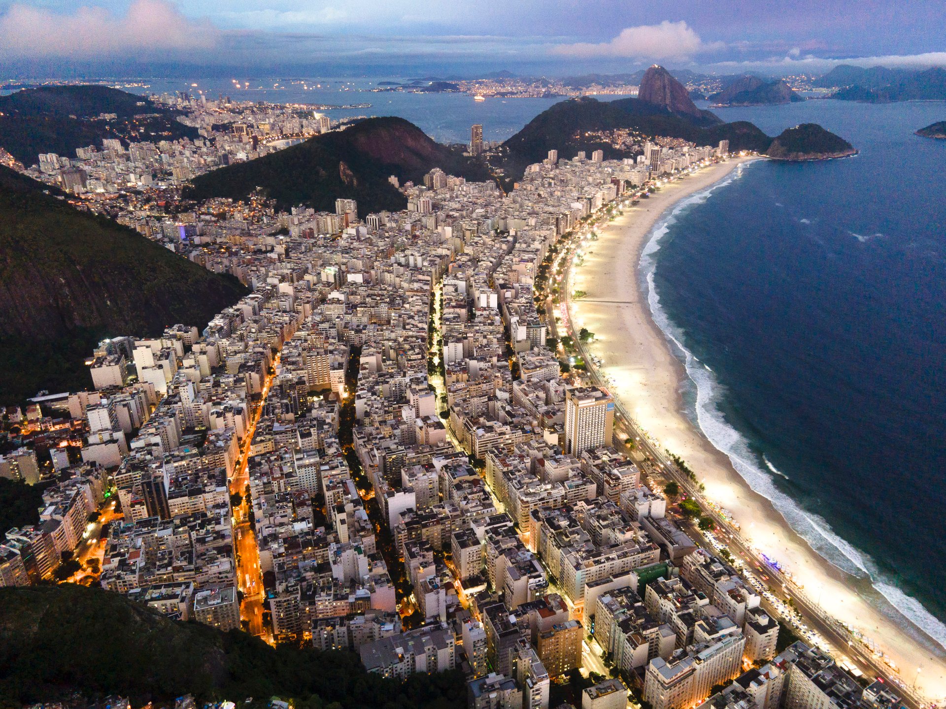 The Copacabana beach scene seen from a drone at sunset.