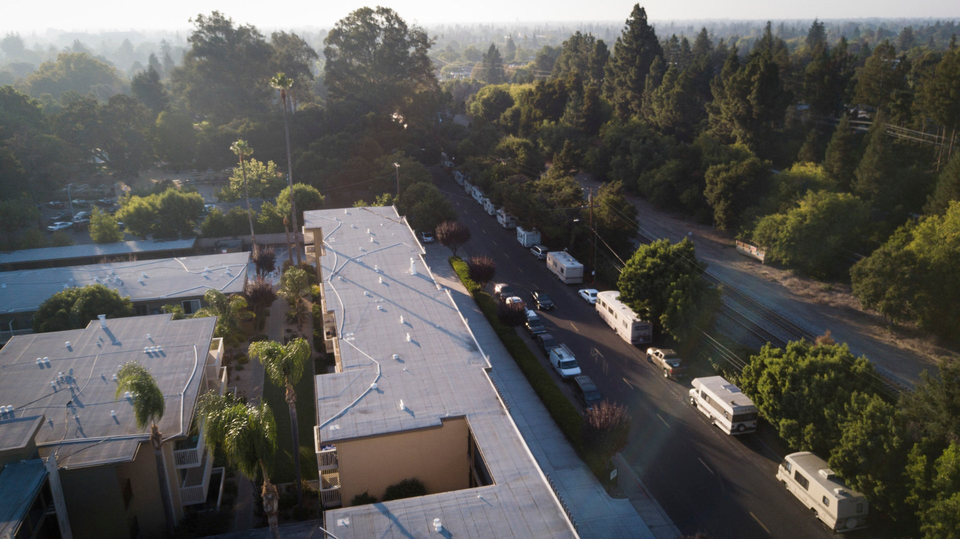 Dozens of mobile homes are lined up on this street in Mountain View, just about a mile from Google's headquarters.
