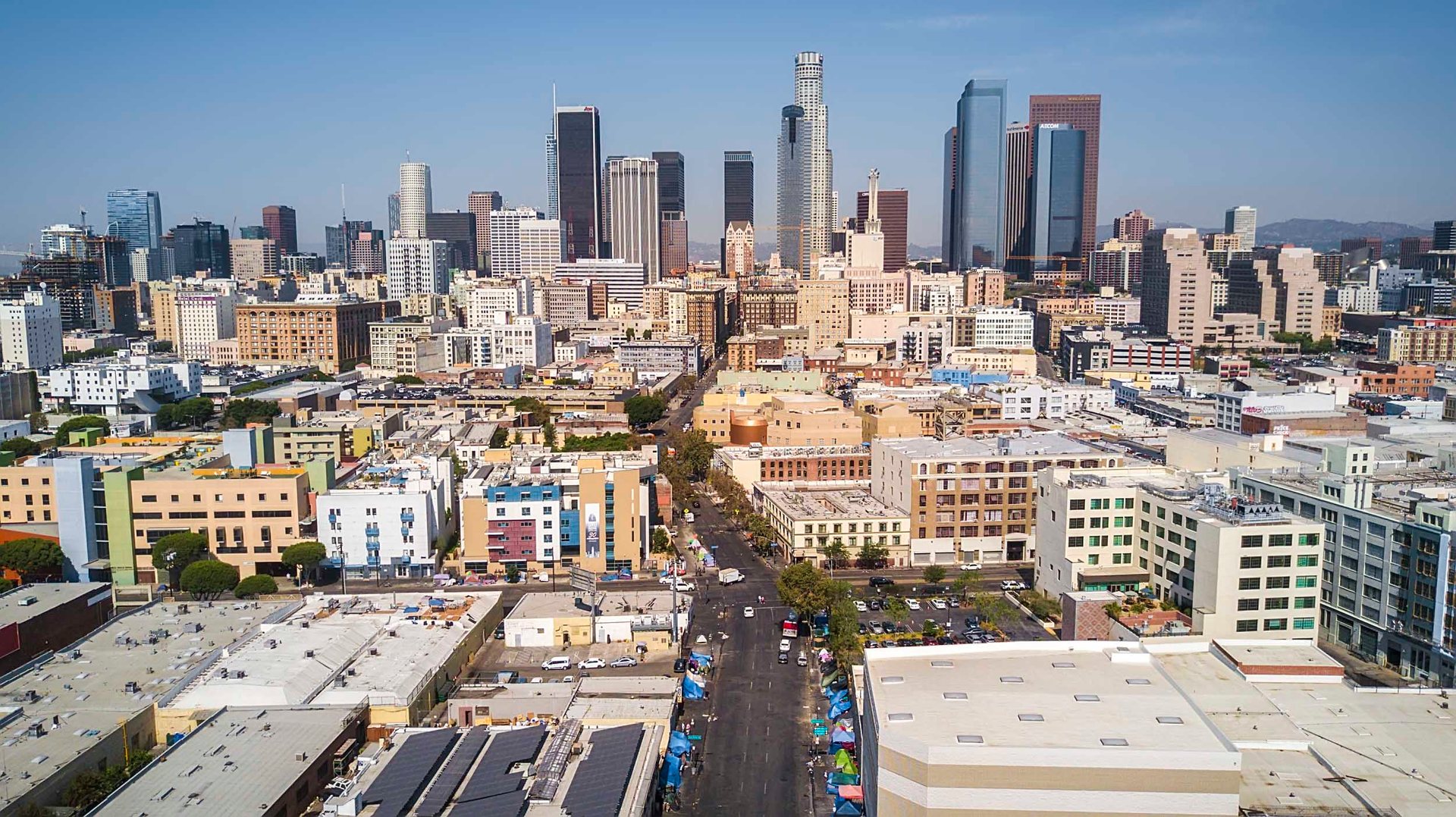 The heart of Skid Row sits almost in the shadows of LA's financial and theater district.