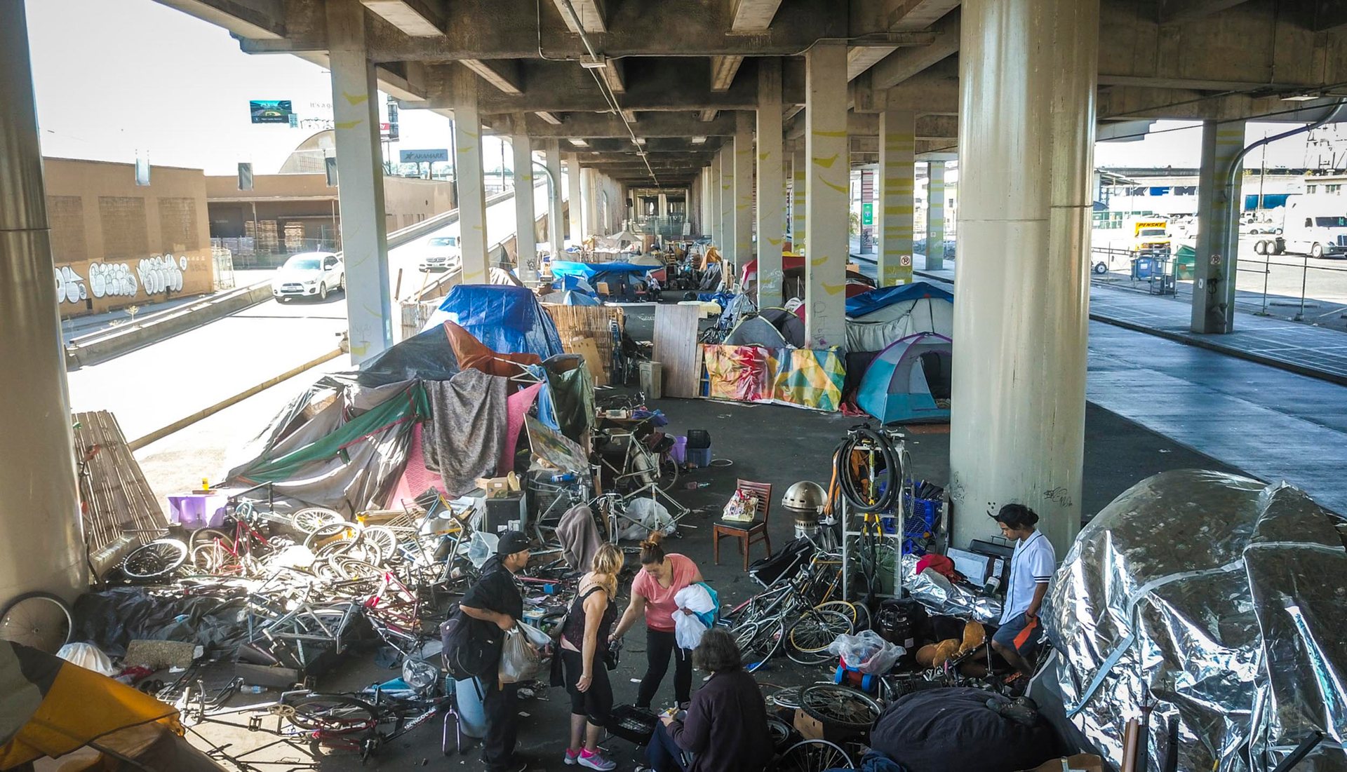 The Alaskan Way Viaduct, days before this encampment was removed by authorities.