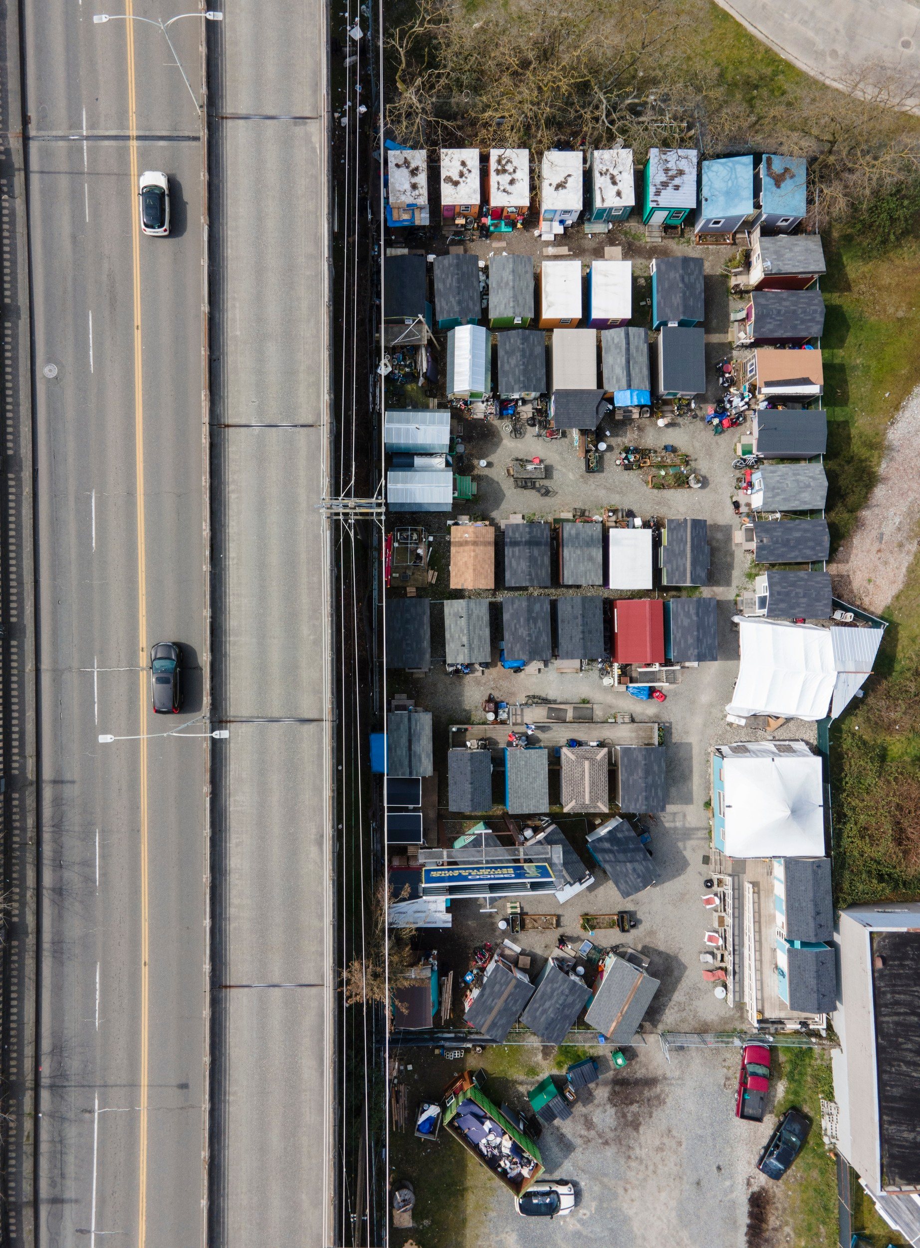 Interbay Village, a city-permitted "tiny home" village in the shadow of the Magnolia Bridge in Seattle.