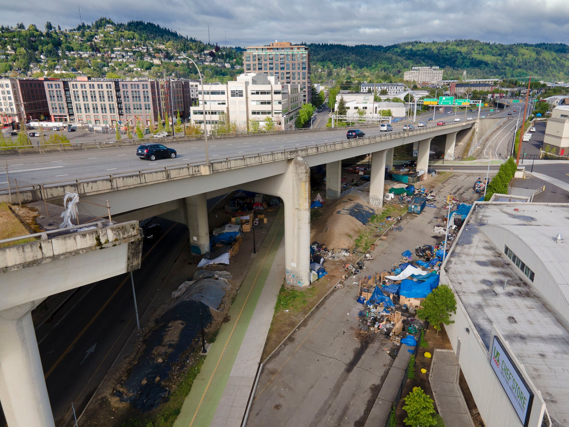 Homeless encampments are found under many bridges in Portland, especially near downtown.
